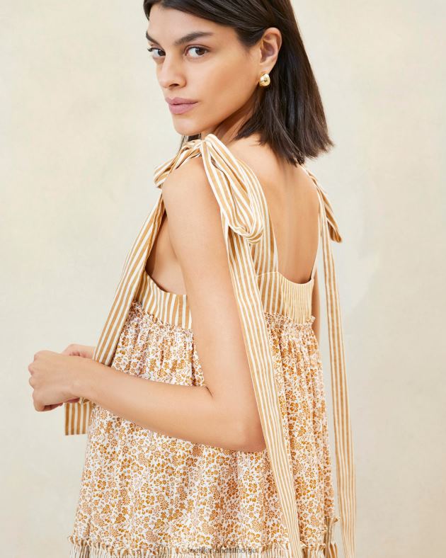 Loeffler Randall klær kvinner janie kjole med volang FT8D189 brun floral/brun stripe