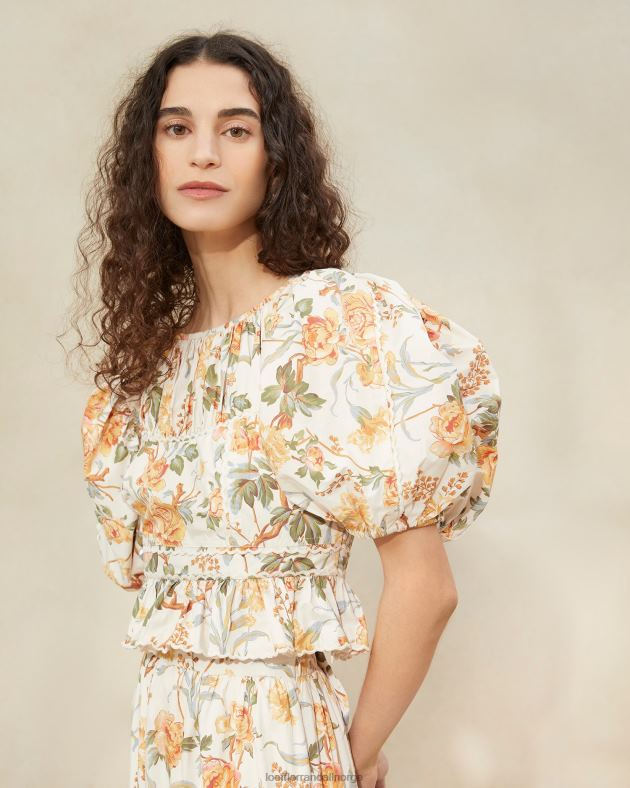 Loeffler Randall klær kvinner anna puff-ermet peplum topp FT8D206 krem botanisk floral