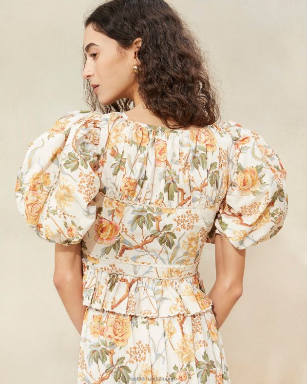 Loeffler Randall klær kvinner anna puff-ermet peplum topp FT8D206 krem botanisk floral