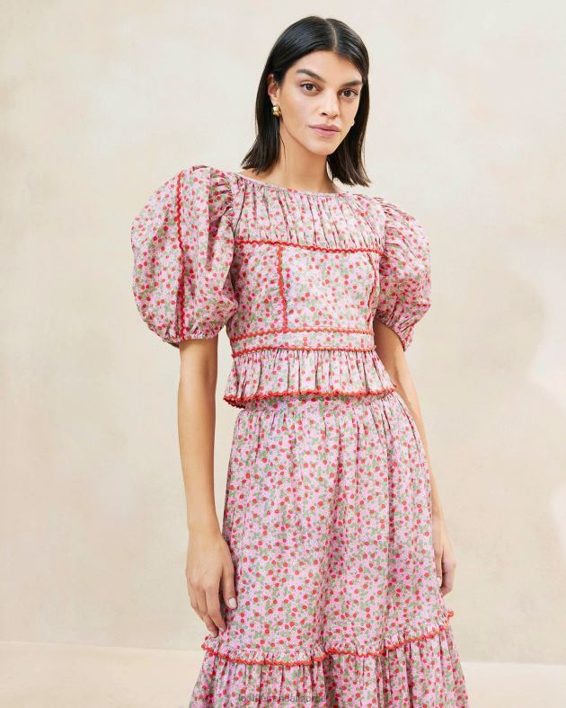 Loeffler Randall klær kvinner anna strawberry puff-ermet peplum topp FT8D205 jordbærtrykk