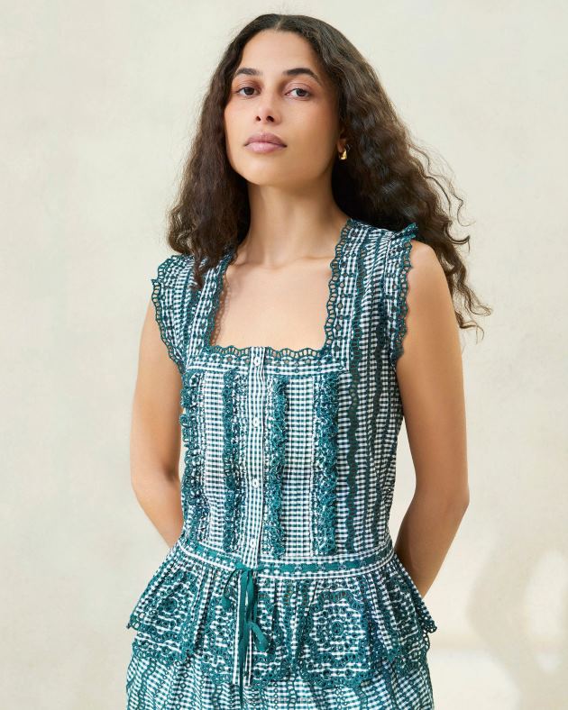 Loeffler Randall klær kvinner arden scalloped bluse FT8D204 mini grønn gingham